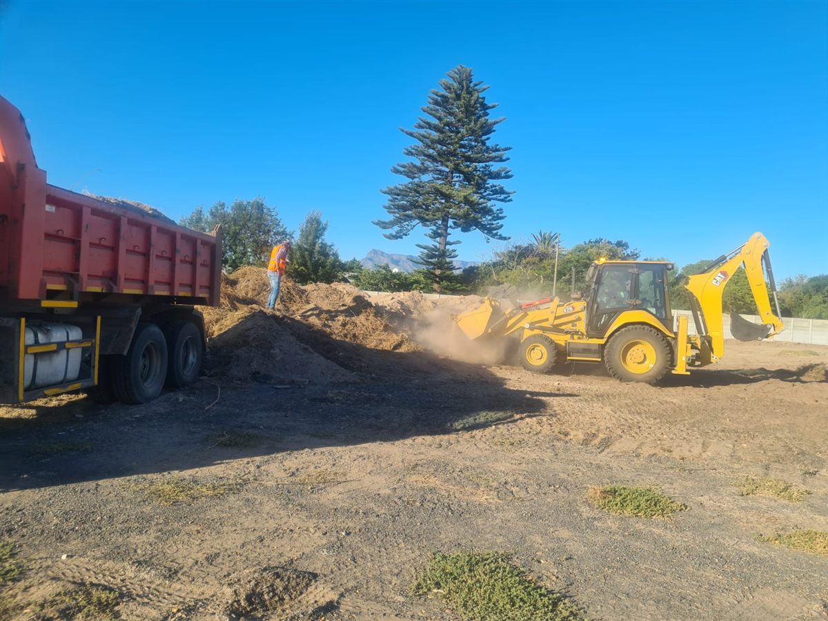 JCB backhoe loader clearing garden refuse with Table Mountain in the background